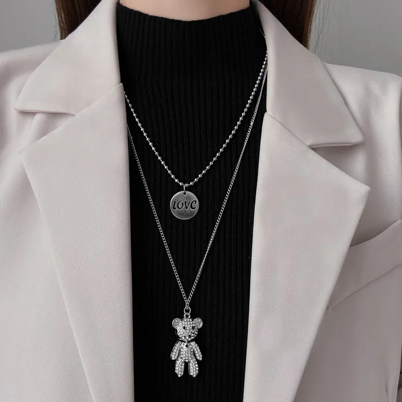 Stainless Steel Double Layer Bear Necklace Women Heroic