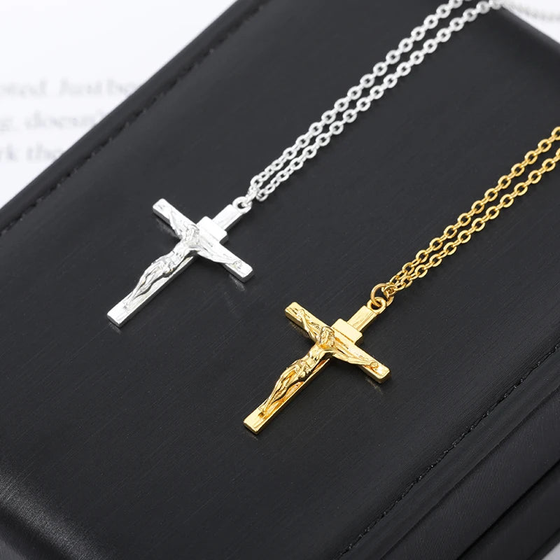 Stainless Steel Cross Chain Necklace Men Women Jesus Christ Cross Pendant