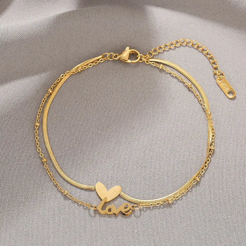 Stainless Steel Heart LOVE Snake Chain Anklet for Women