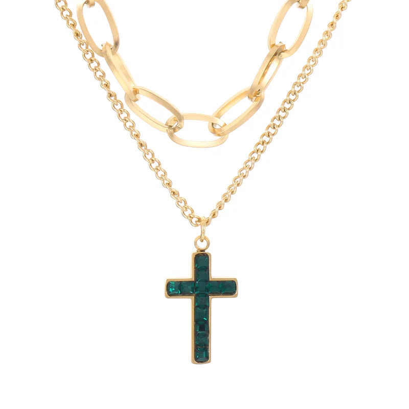 Stainless Steel Double Layer Necklace with Cross Charm