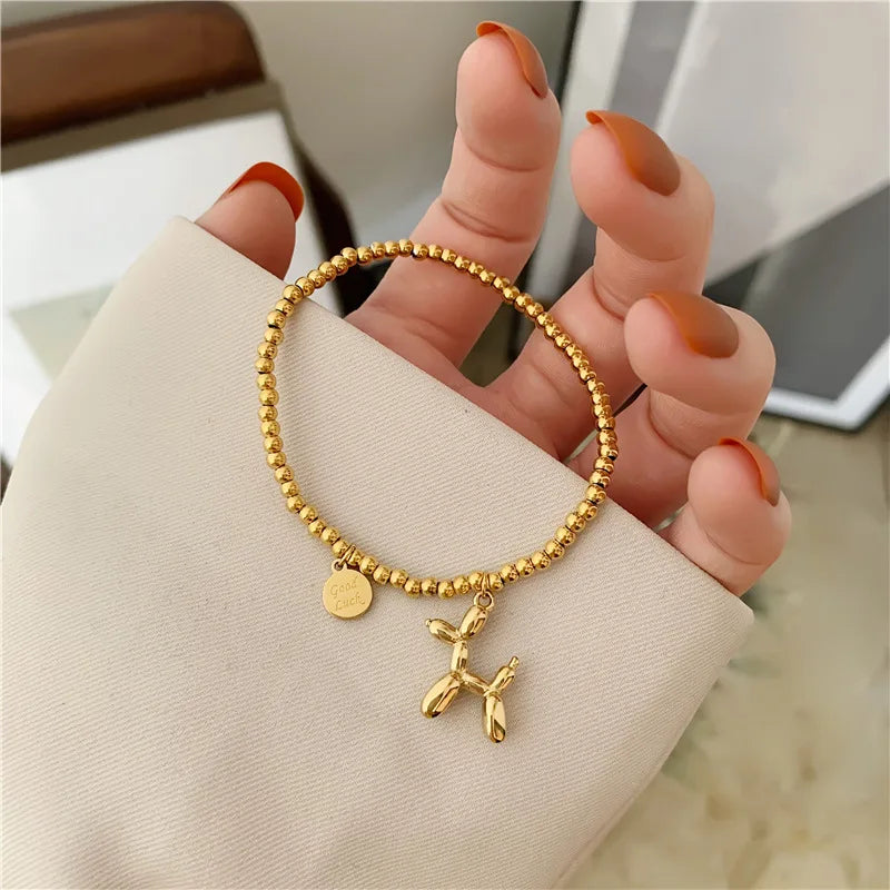 Stainless Steel Lucky Round Beads Balloon Dog Bracelet Female Retro Jewelry