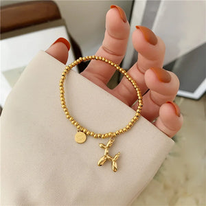 Stainless Steel Lucky Round Beads Balloon Dog Bracelet Female Retro Jewelry