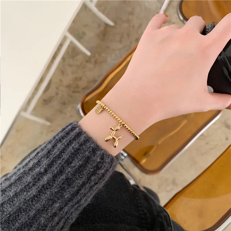 Stainless Steel Lucky Round Beads Balloon Dog Bracelet Female Retro Jewelry