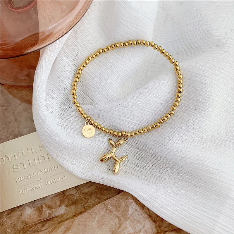 Stainless Steel Lucky Round Beads Balloon Dog Bracelet Female Retro Jewelry