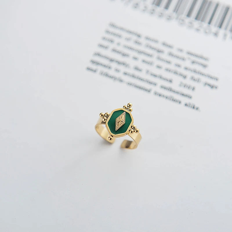 Vintage Green Enamel Plated Geometric Rings for Women