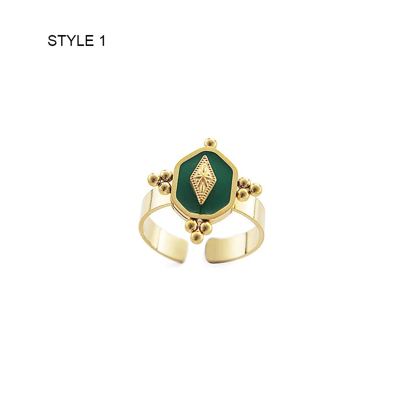 Vintage Green Enamel Plated Geometric Rings for Women