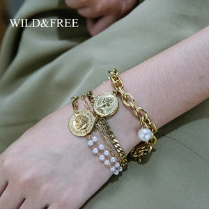Vintage Star Charm Bracelet Stainless Steel Plated Hammered Coin Bangle