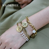 Vintage Star Charm Bracelet Stainless Steel Plated Hammered Coin Bangle