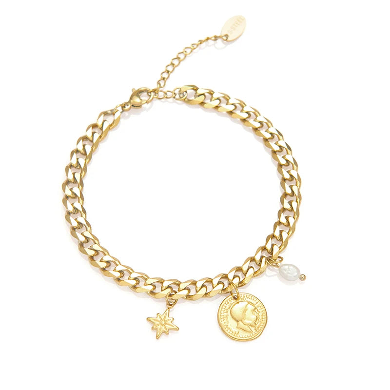 Vintage Star Charm Bracelet Stainless Steel Plated Hammered Coin Bangle