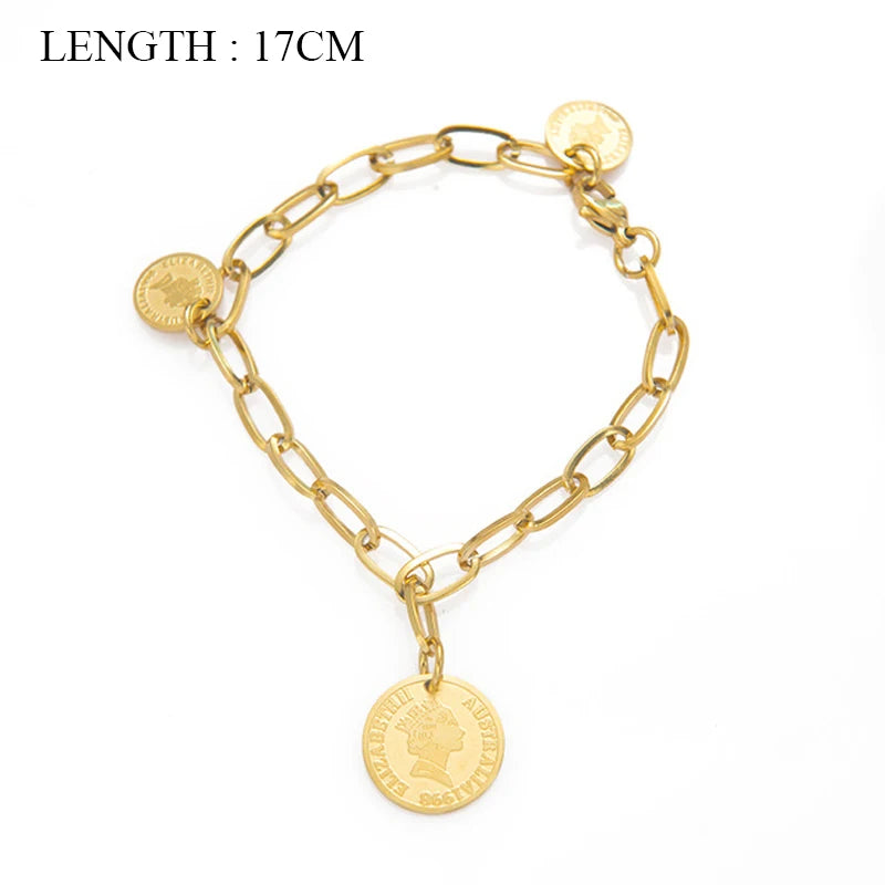 Vintage Star Charm Bracelet Stainless Steel Plated Hammered Coin Bangle