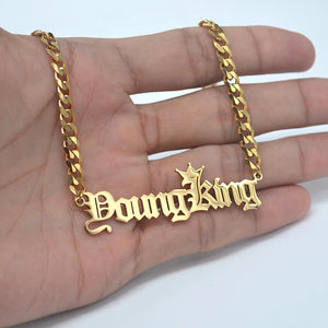 Stainless Steel Gothic Nameplate Necklace 18K Plated Cuban Link Chain