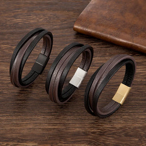 Stainless Steel Jewelry Men Bracelet Brown Leather Male Punk Accessories