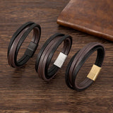 Stainless Steel Jewelry Men Bracelet Brown Leather Male Punk Accessories