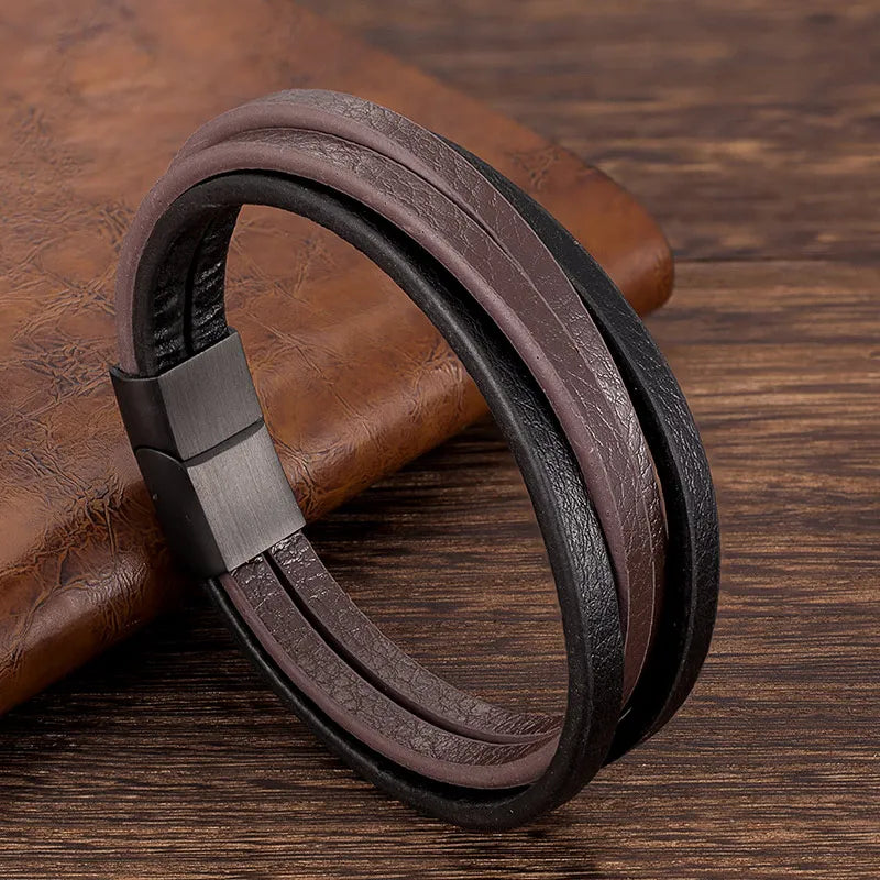 Stainless Steel Jewelry Men Bracelet Brown Leather Male Punk Accessories