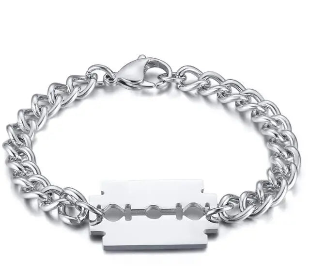 Stainless Steel Oval Chain Bracelet with Razor Blade Charms
