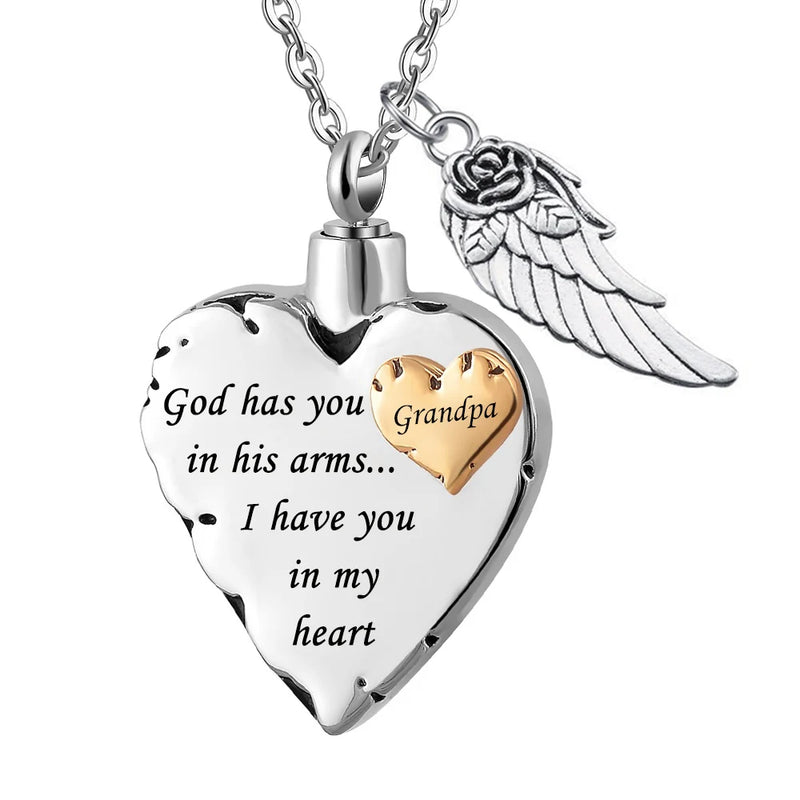 Stainless Steel Heart Ashes Necklace Angel Wing Charm Cremation Jewelry