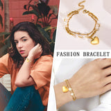 Heart Bracelet, Double Chain Pearl Bracelets for Women Charms Jewelry