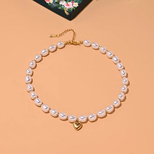 Stainless Steel Heart Choker Simulated Pearl Necklace Party Collar