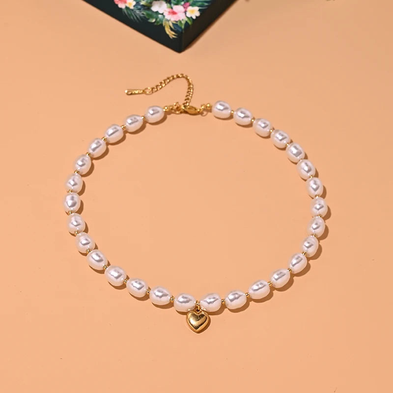 Stainless Steel Heart Choker Simulated Pearl Necklace Party Collar