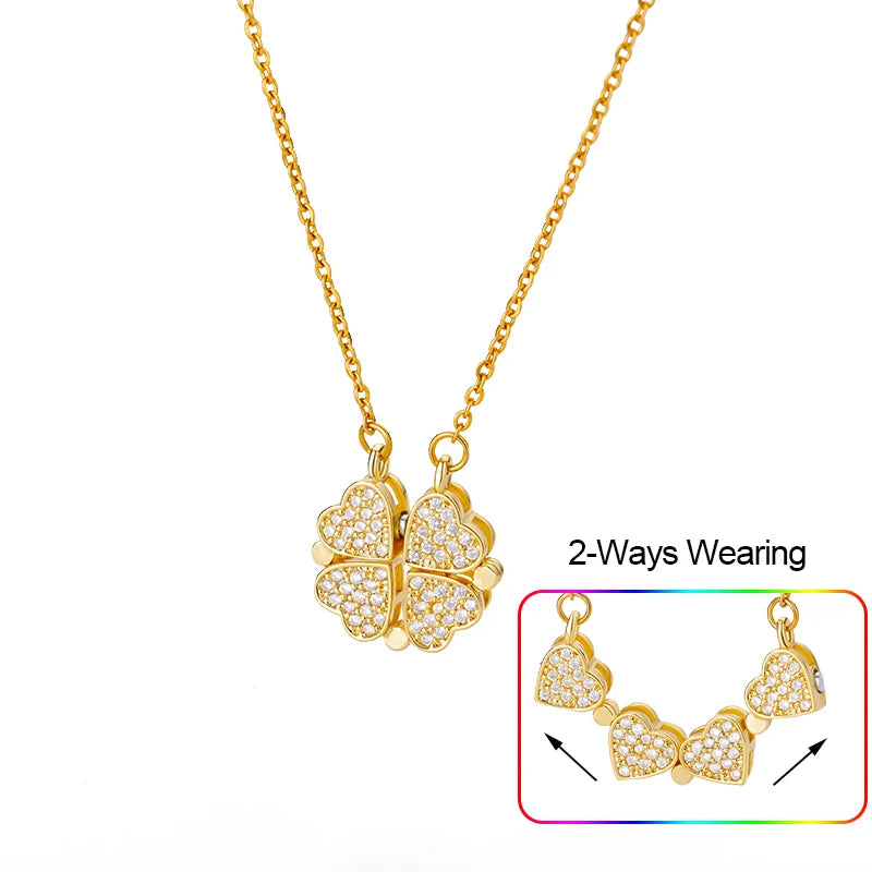 Vintage Stainless Steel Heart Necklace Four Leaf Clover Pendant Choker