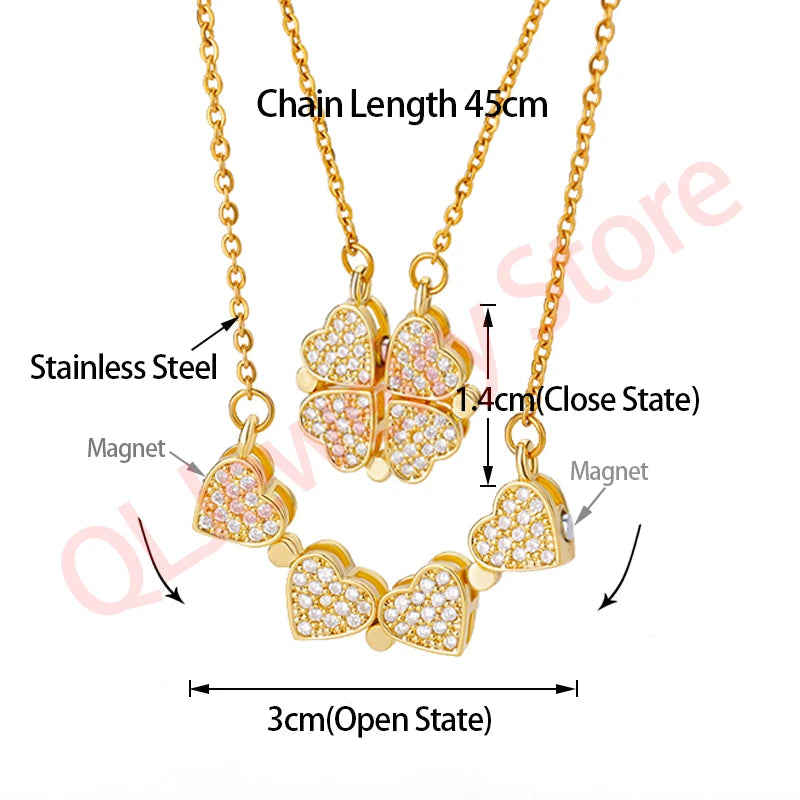 Vintage Stainless Steel Heart Necklace Four Leaf Clover Pendant Choker