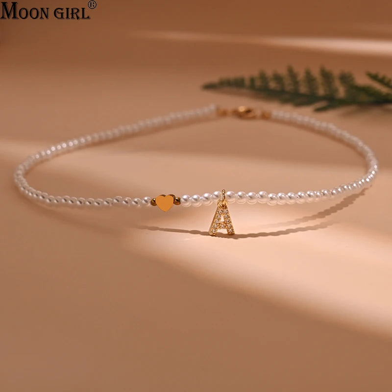 Heart Pendant Necklace Pearl Bead Letter Necklace Femme Jewelry