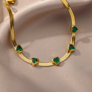 Heart-Shaped Green Zircon Charm Bracelet Stainless Steel Flat Snake Chain