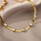 Heart-Shaped Green Zircon Charm Bracelet Stainless Steel Flat Snake Chain