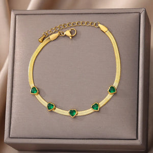 Heart-Shaped Green Zircon Charm Bracelet Stainless Steel Flat Snake Chain