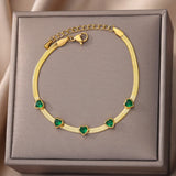 Heart-Shaped Green Zircon Charm Bracelet Stainless Steel Flat Snake Chain