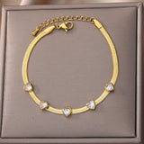 Heart-Shaped Green Zircon Charm Bracelet Stainless Steel Flat Snake Chain