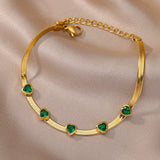 Heart-Shaped Green Zircon Charm Bracelet Stainless Steel Flat Snake Chain