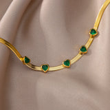 Heart-Shaped Green Zircon Charm Bracelet Stainless Steel Flat Snake Chain