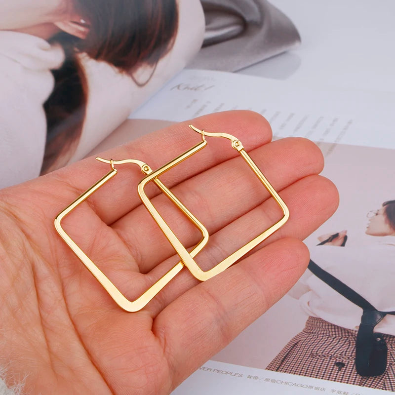 Square Stainless Steel Hoop Earrings for Women Daily Wear