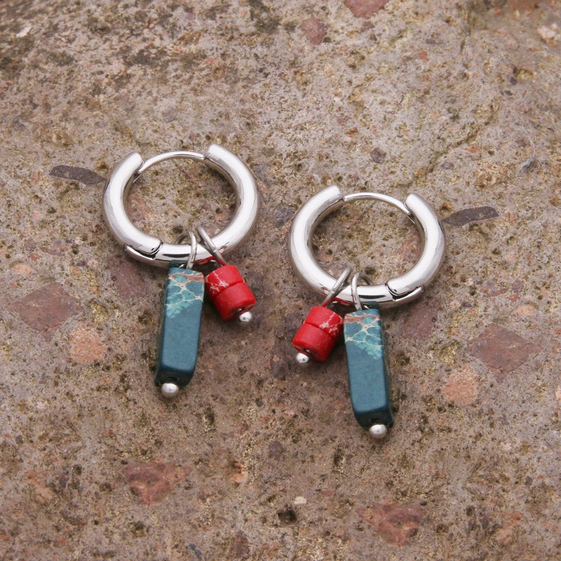 Bohemian Stainless Steel Hoops Earrings with Orange Natural Stone Beads