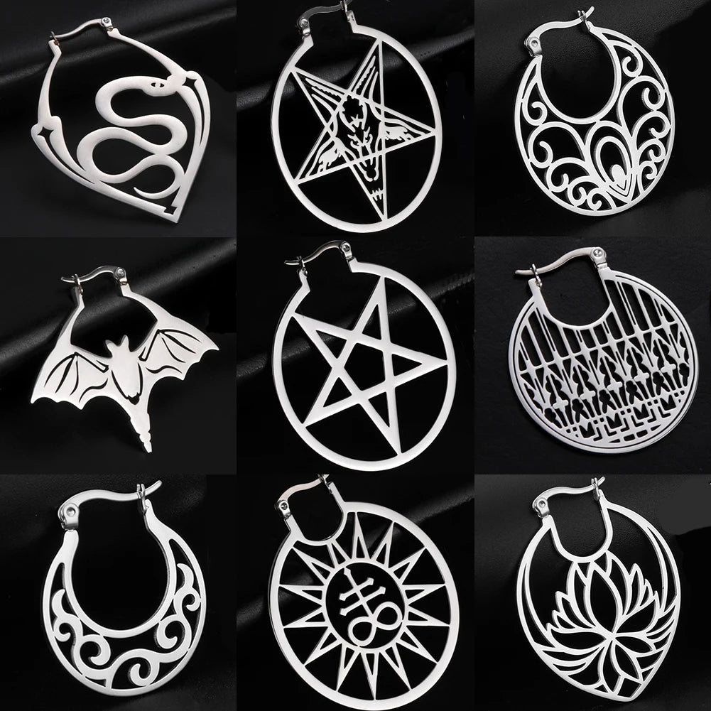 Stainless Steel Pentagram Earrings Bat Snake Hoops