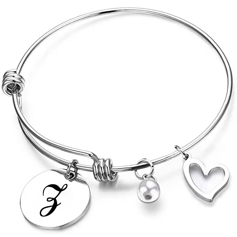 Stainless Steel Initial Alphabet Bracelets For Women - Letter Charms Bangle Jewe