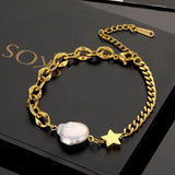 Stainless Steel Chain Bracelet with Pearl Stars Zircon - Vintage
