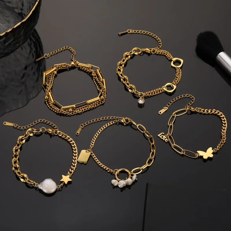 Stainless Steel Chain Bracelet with Pearl Stars Zircon - Vintage