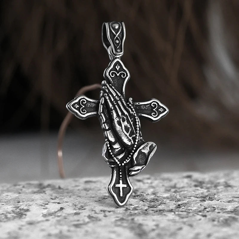 Stainless Steel Jesus Cross Hands of Prayer Necklace Pendant