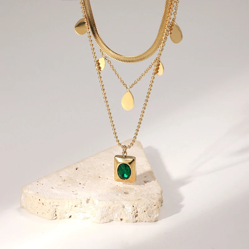 Stainless Steel Necklace Plated Square Oval Colored Zircon Pendants