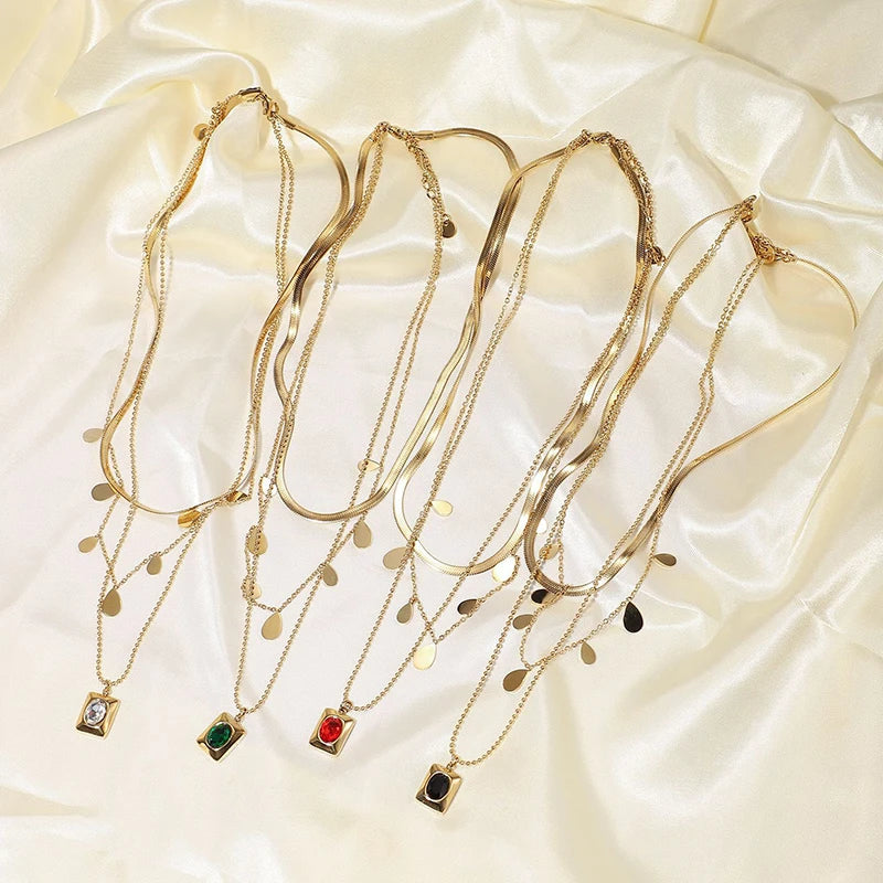 Stainless Steel Necklace Plated Square Oval Colored Zircon Pendants