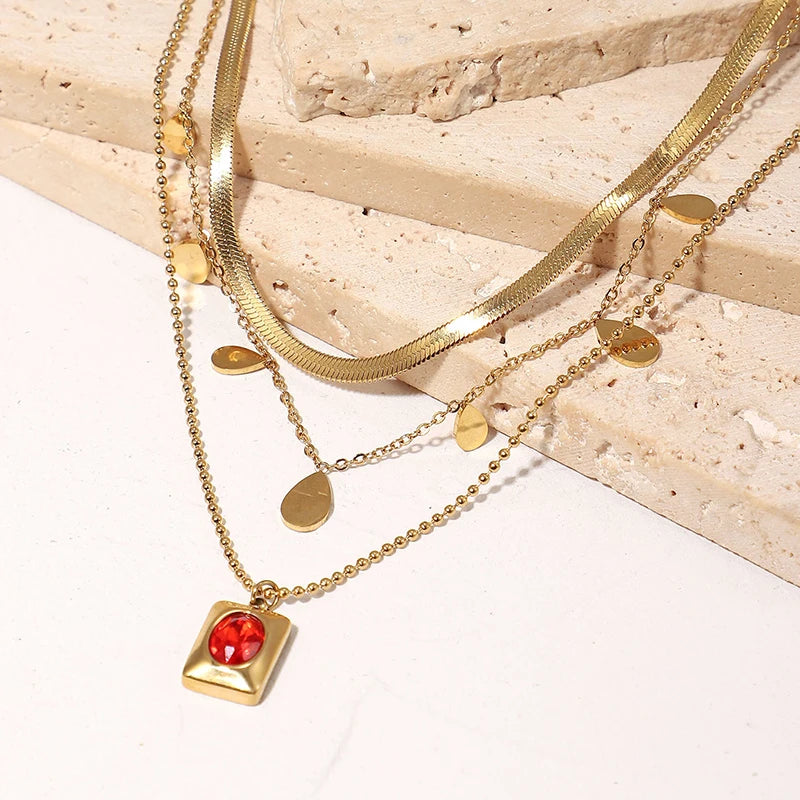 Stainless Steel Necklace Plated Square Oval Colored Zircon Pendants