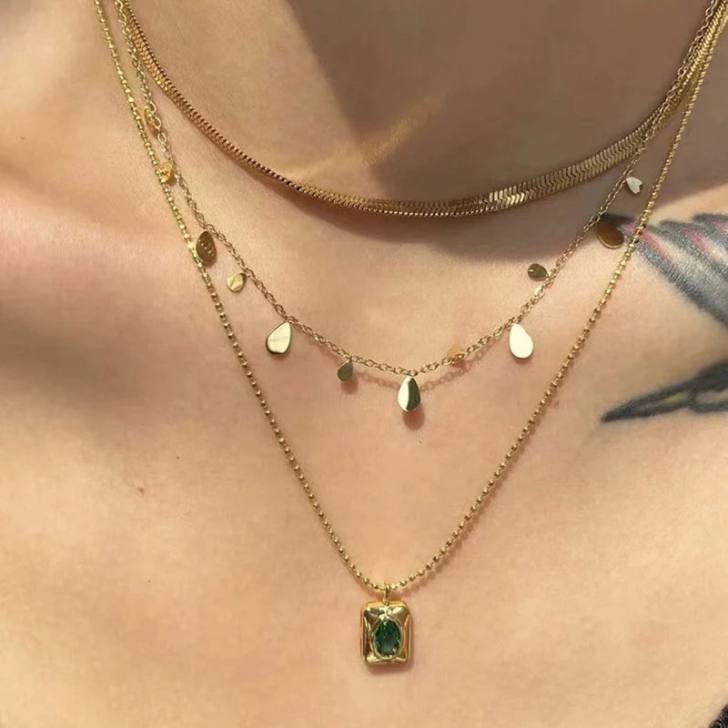 Stainless Steel Necklace Plated Square Oval Colored Zircon Pendants