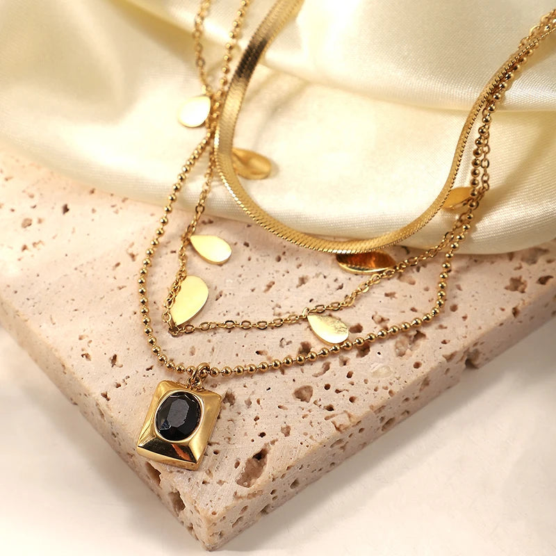 Stainless Steel Necklace Plated Square Oval Colored Zircon Pendants