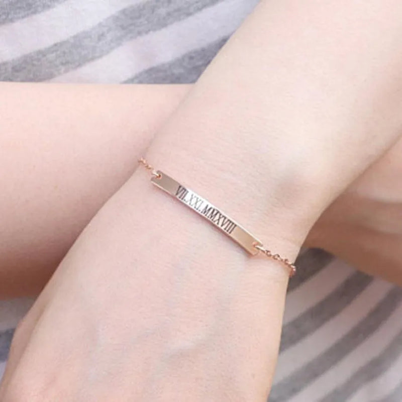 Custom Stainless Steel Name Bracelet Engraved Roman Numerals