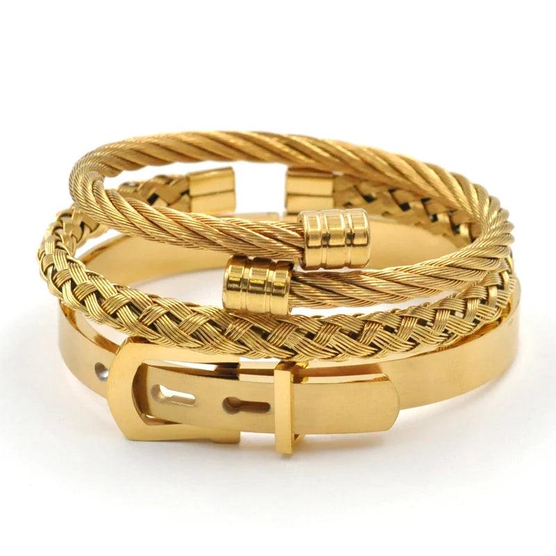 Stainless Steel Belt Buckle Bangle Bracelet Set