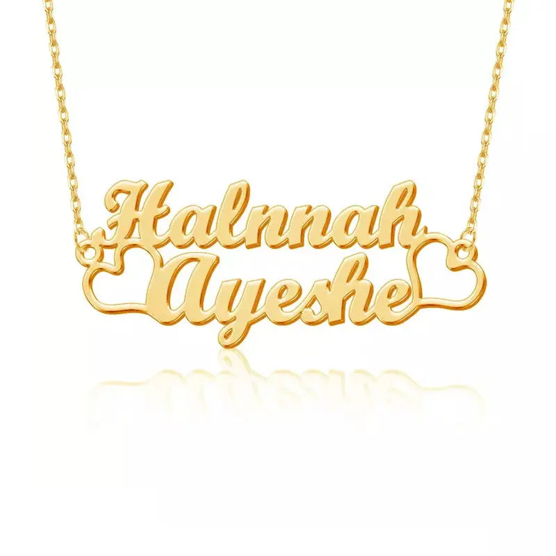 Double Heart Name Necklace Stainless Steel Silver Pendent Necklace