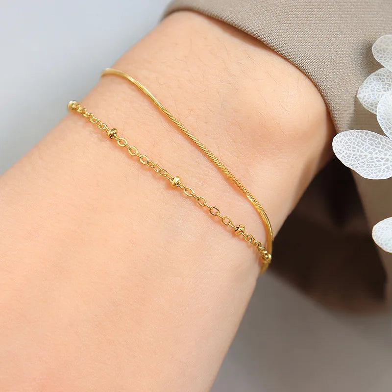 Stainless Steel Double Layer Chain Bracelet 18K Jewelry