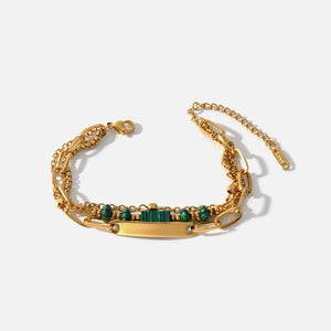 Layered Metal Golden Chains Bracelet Retro Punk Green Stone Jewelry